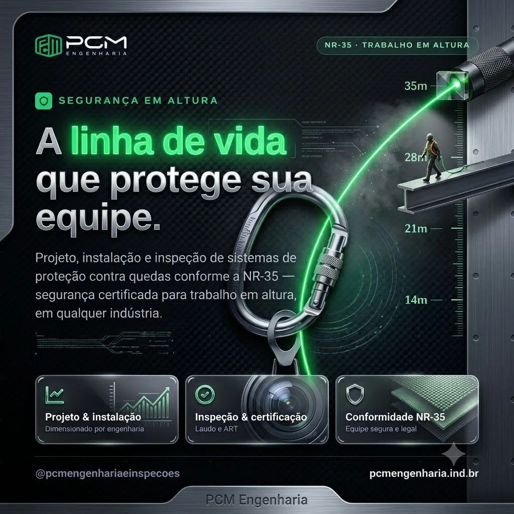 Peça institucional da PCM Engenharia sobre linha de vida e proteção contra quedas conforme NR-35